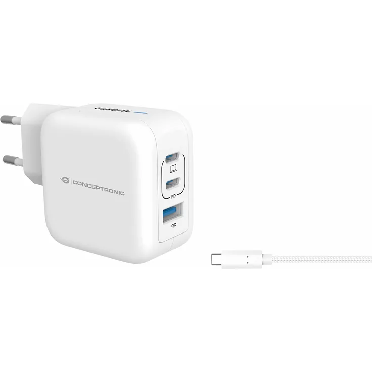 Conceptronic Ladegerät 3Port 67W, 2xUSB-C, 1xUSB-A, schnelles USB-PD-Ladegerät, weiß
