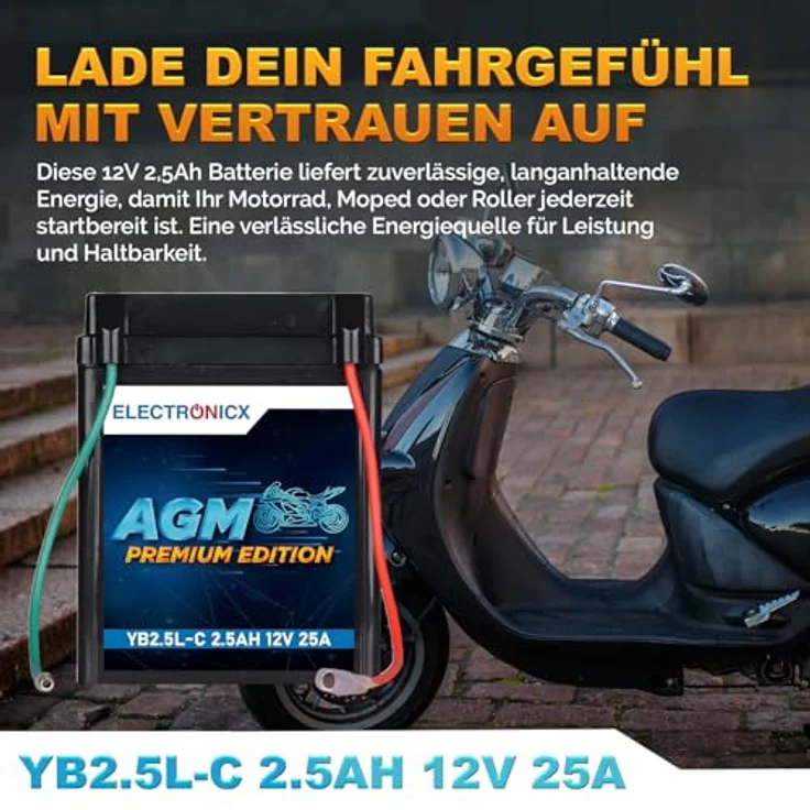 Electronicx AGM-YB2.5L-C AGM Motorradbatterie 2.5Ah 12V, wartungsfrei, auslaufsicher, rüttelfest für Motorrad, Roller und Quad – Bild 2