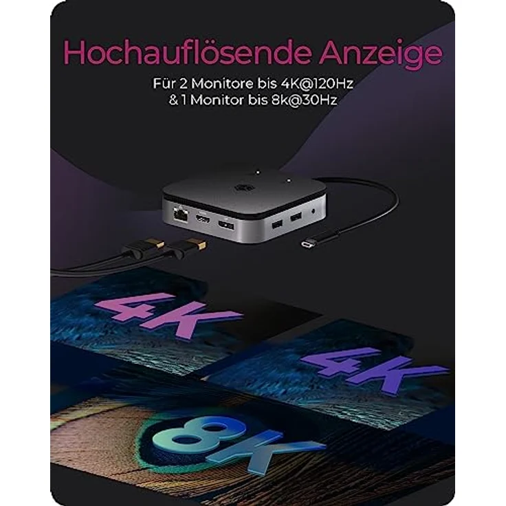 ICY BOX USB4 Docking Station (7-in-1) für 2 Monitore (1x HDMI & 1x DP), 4K 120Hz / 8K 30Hz, 3X USB 3.2 Gen 2 (10 Gbit/s), 60W Power Delivery, Gigabit Ethernet, Audio, IB-DK408-C41 – Bild 3