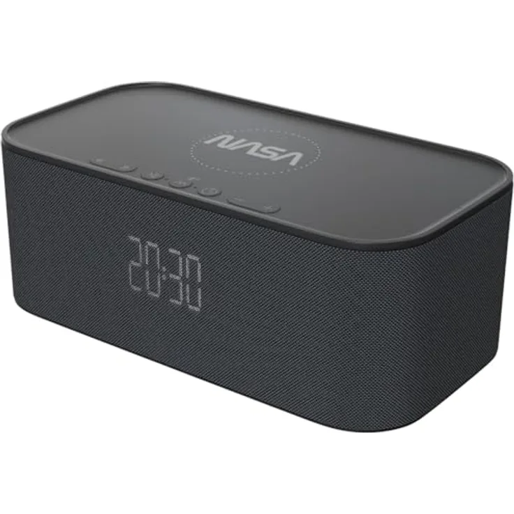 NASA SPC800 Wecker – Radiowecker mit 10 W RMS Bluetooth-Lautsprecher, kabelloses Laden 5 W, doppelter Alarm, Stereo-Effekt, LED-Licht, wiederaufladbarer Lithium-Akku – Schwarz