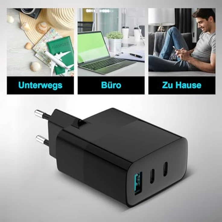 Eaxus USB Ladegerät mit 3 Ports, 2x Typ-C & 1x Typ-A, 65 Watt, inkl. USB-C Ladekabel, schwarz – Bild 7