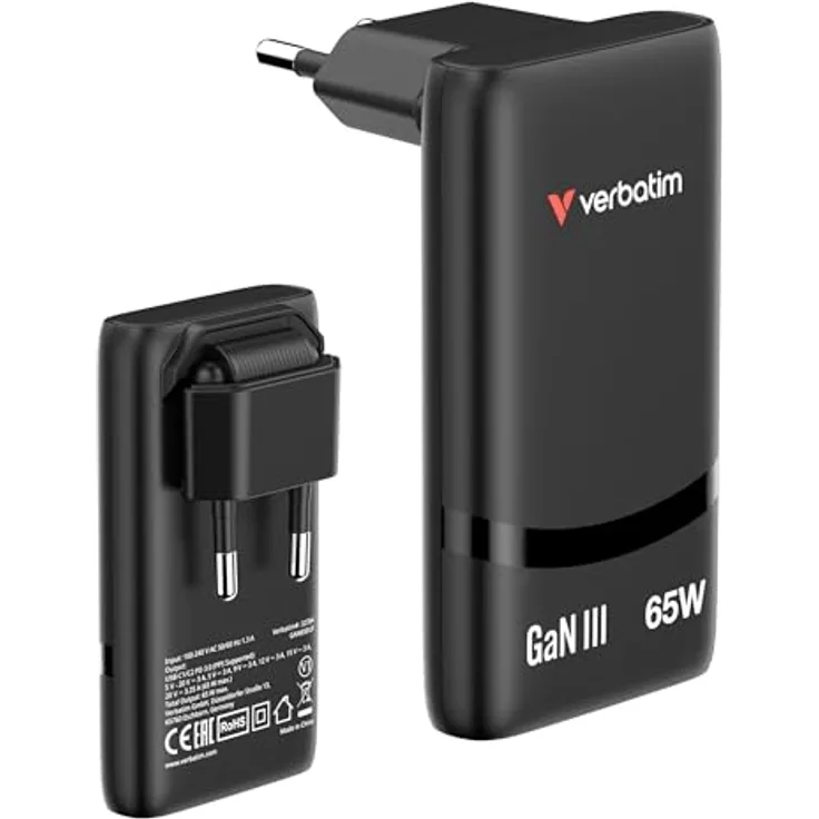 Verbatim GaN III Fold 'n' Go Charger 2 Port 65W USB-C, kompaktes USB Ladegerät, Schwarz