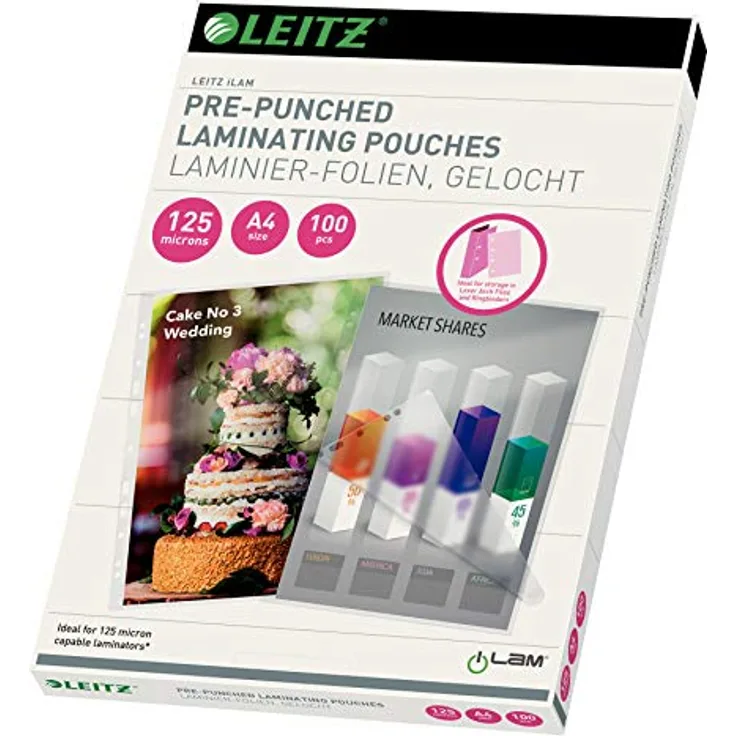 Leitz Heißlaminierfolien A4 125 mic, mit Lochung für Ordner und Ringbücher (2-/4-fach), Hochwertige Laminierfolien im 100er Pack, Glänzend, Transparent, 33878