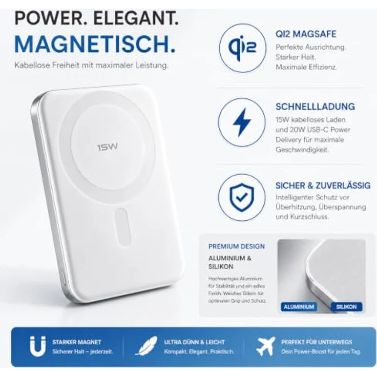 Nevox Power Bank 5000 mAh, 15 W, magnetisches Laden für MagSafe, Weiss/Silber – Bild 3