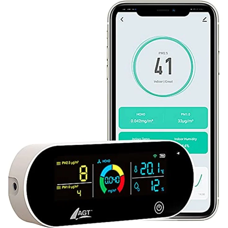 AGT Raumluftmessgerät: 5in1-Akku-Luftqualitätsmesser, HCHO, PM1/2,5, Temperatur u.v.m., App (Feinstaubmessgerät, Luftmessung, Gesundheit) – Bild 5