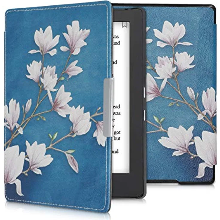 kwmobile Klapphülle kompatibel mit Kobo Aura H2O Edition 1, eReader Case mit Magnetverschluss, Kunstleder in Magnolien Taupe Weiß Blaugrau