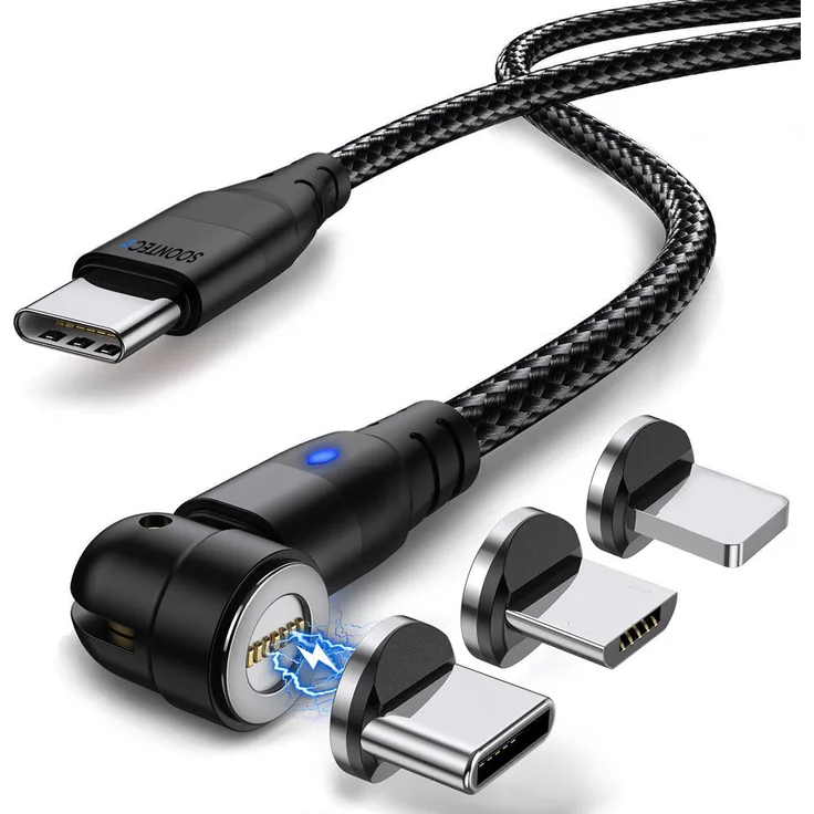 SOONTEC Magnet Ladekabel 2 Meter, 3-in-1 Schnellladekabel mit 60W PD, Micro USB, Typ C, Lightning, Schwarz