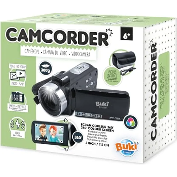 Buki PV09, digitaler Camcorder mit 16-fach Zoom, HD-Farbbildschirm und 16 GB SD-Karte, kompakt und leicht, inkl. Aufhellblitz und Webcam-Funktion