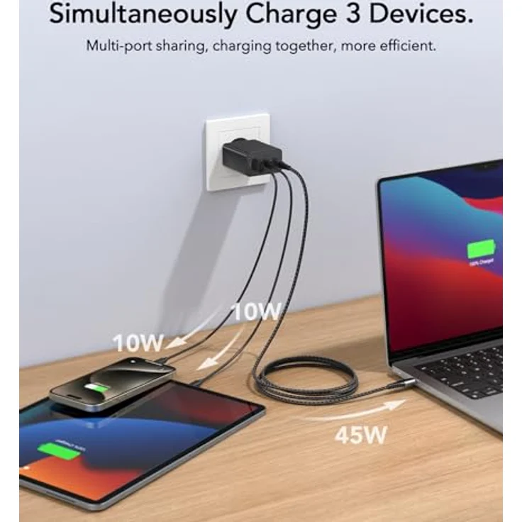 Anykon 65W USB C Ladegerät, 3-Port USB Schnellladegerät mit 2M Ladekabel, kompatibel mit MacBook Air/Pro M1/M2 und iPhone 16 Pro Max/15/14/13, intelligentem Chipschutz, tragbar und effizient – Bild 8