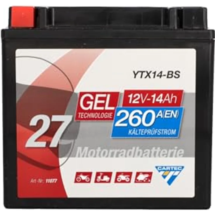 CARTEC Motorradbatterie YTX14-BS, 14Ah, 260A, wartungsfrei, Gel-Technologie, rüttelfest, schwarz – Bild 1