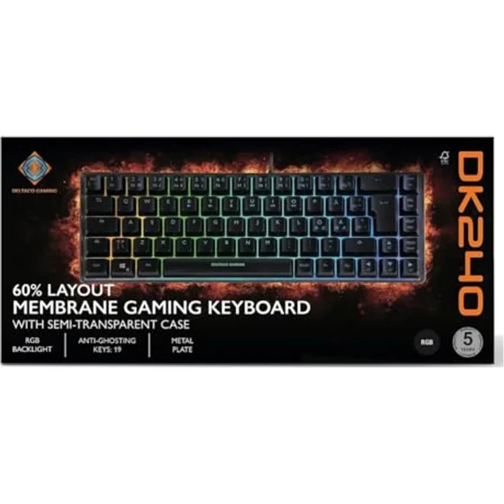 Deltaco DK240 mini 60% Gaming Tastatur, semi-transparent, Hintergrundbeleuchtung, USB, QWERTZ, Deutsch, Schwarz – Bild 5