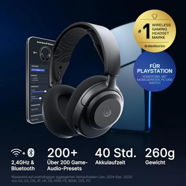 SteelSeries Arctis Nova 3P, Wireless Gaming-Headset mit App-Steuerung, 40 Std. Akku, Neodym-Treiber, 2,4 GHz/Bluetooth, abnehmbares Mikrofon, Schwarz – Bild 2
