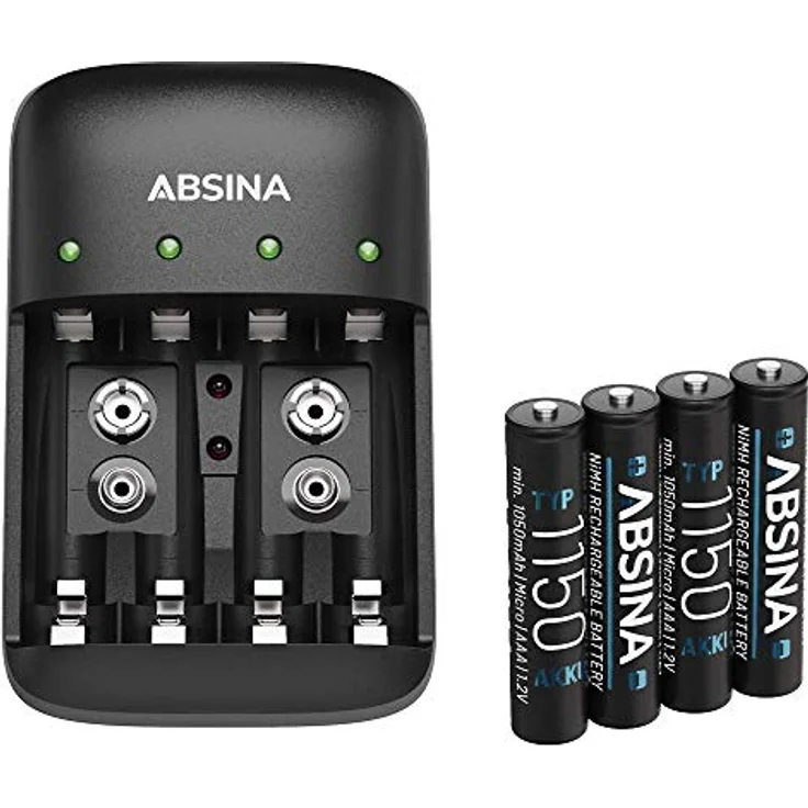 ABSINA X4 Akku Ladegerät für AA, AAA & 9V inkl. 4x AAA 1150mAh Akkus, Schnellladung mit Einzelschachtüberwachung und LED Statusanzeige – Bild 1