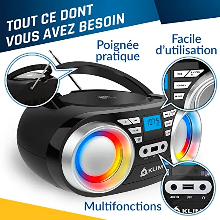 KLIM Boombox B3, Tragbarer CD Player mit FM Radio, Bluetooth, AUX, USB, RGB LED, kabel- & kabelloser Betrieb, wiederaufladbarer Akku, schwarz – Bild 6