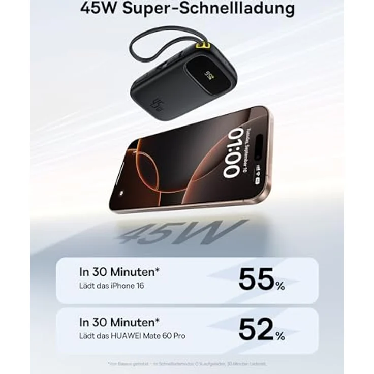 Baseus QPow3 Powerbank 45W 20000mAh mit 2 integrierten USB-C Kabeln, PD3.0 QC4.0, 4 Anschlüsse, LED Display, schwarz – Bild 2