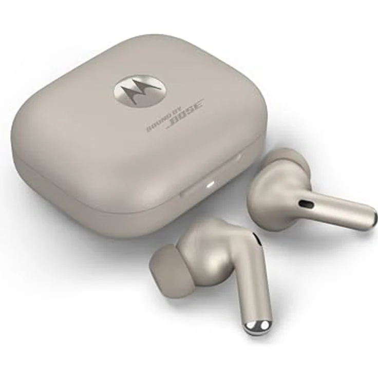 Motorola Moto Buds+ Sound by Bose (Bluetooth 5.3 Earbuds, Dolby Head Tracking + Dolby Atmos, aktive Geräuschunterdrückung, kabelloses Laden, bis zu 38 Stunden Akku, 3-Fach-Mikrofonsystem) Beach Sand – Bild 1