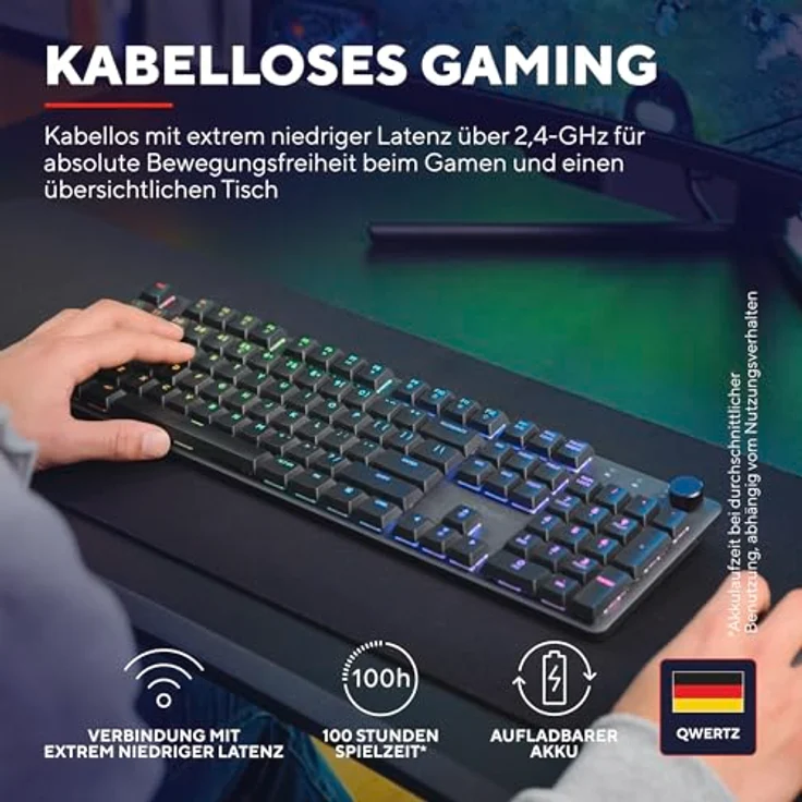 Trust GXT 868 Torix Mechanische Tastatur Kabellos Deutsches QWERTZ Layout, RGB Wiederaufladbare Gaming Tastatur 2.4 GHz 100H Akkulaufzeit, Huano-Switches Flache Tasten, Programmierbar, PC Laptop – Bild 3
