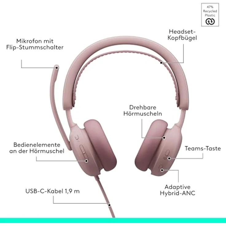 LOGITECH Zone Wired 2 for Business Rosé, Kabelgebundenes USB-Headset mit adaptiver Hybrid-ANC, kompatibel mit Windows und MacOS – Bild 6