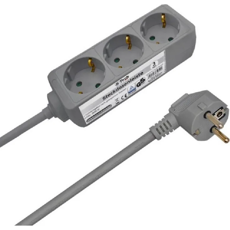 Bahama Warenvertriebs GmbH 35963 Steckdosenleiste 3-fach, kompakte Bauform, Überlastschutz, Kindersicherung, Kabellänge 1.4 m, grau, Dauerstrom ohne Schalter