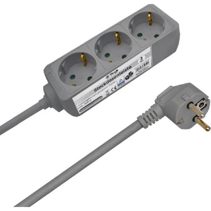 Bahama Warenvertriebs GmbH 35963 Steckdosenleiste 3-fach, kompakte Bauform, Überlastschutz, Kindersicherung, Kabellänge 1.4 m, grau, Dauerstrom ohne Schalter