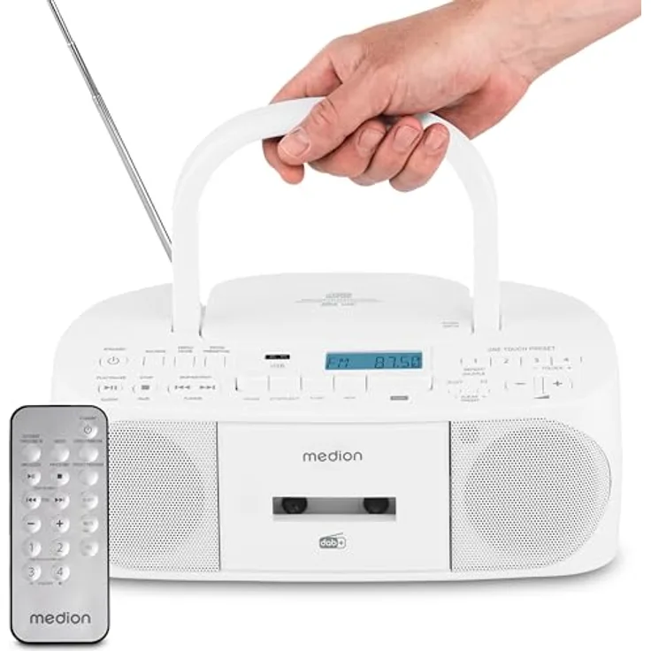 MEDION DRX-1 Plus Boombox, tragbares DAB+ UKW Radio mit Bluetooth, CD-Player, MP3, Kassette, 30 W Stereo Sound, weiß
