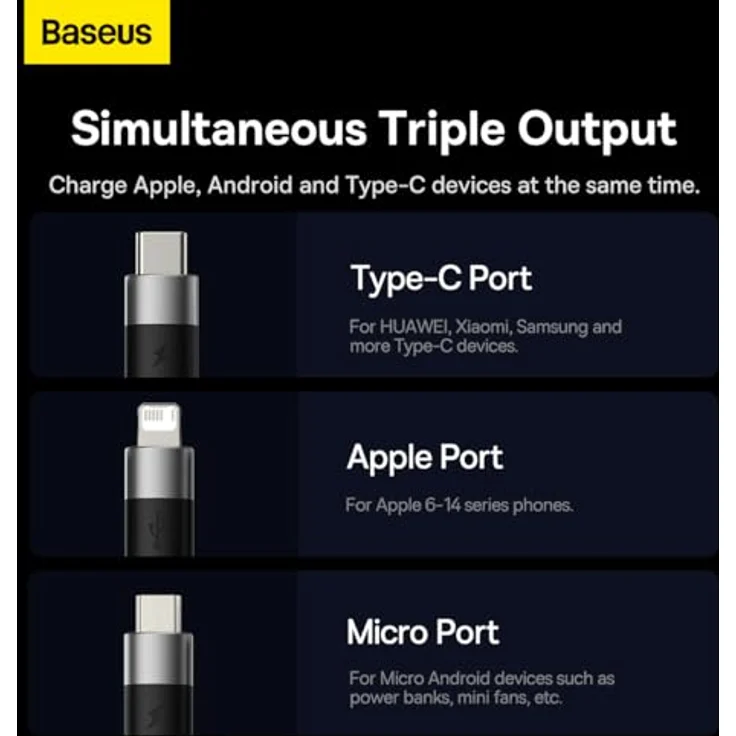Baseus StarSpeed 3-in-1 USB-Kabel, USB-C / Micro-USB / Lightning, 3,5 A, 1,2 m, schwarz – Bild 2