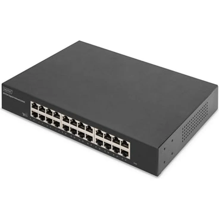 DIGITUS DN-80113-2 – 24 Port Gigabit Netzwerk-Switch – unmanaged – lüfterlos – VLAN-Modus – DIP-Schalter – 10/100/1000 Mbit/s – inkl. 19" Montagewinkeln – schwarz – Bild 1