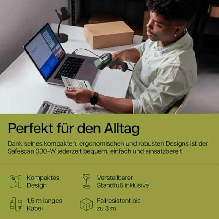 Safescan 330-W, Barcodescanner für 1D- und 2D-Barcodes mit USB-Kabel, Plug & Play, inkl. Ständer, für beschädigte und farbige Codes – Bild 5