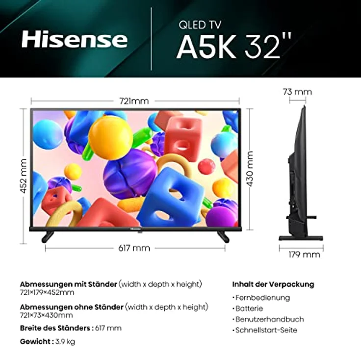 Hisense 32A5KQ 80cm (32 Zoll) QLED Fernseher Full HD, Smart TV, Triple Tuner DVB-T2 / T/C / S2 / S, USB-C, Duale Positionierung, Works with Alexa, WiFi, Game Mode, Hotel Mode, Schwarz [2023] – Bild 2