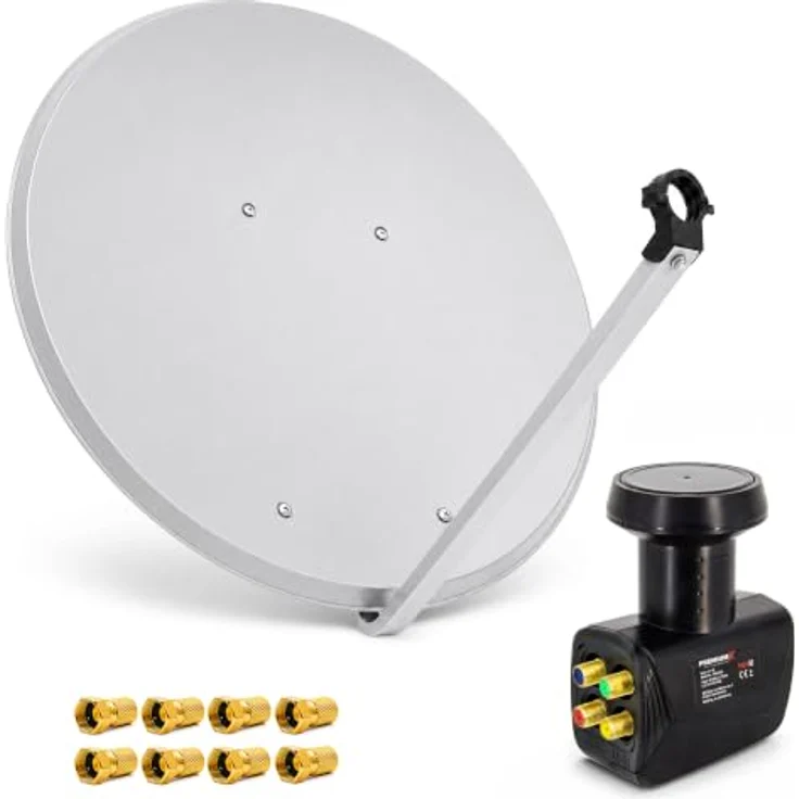 PremiumX SAT Anlage PXA100, 100cm Aluminium Antenne in Hellgrau mit Quad LNB und 8x F-Stecker – Bild 1