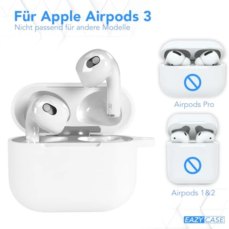 EAZY CASE Schutzhülle für AirPods 3, weiße Silikonhülle, stoßfest mit Karabiner, rutschfest und antikratz, geeignet für kabelloses Laden – Bild 2