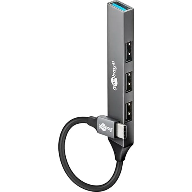 goobay 4-Port USB C 3.2 Hub Slim/USB Mehrfachstecker, USB Verteiler, USB Hub / 5 Gbits USB Splitter/Schlanker USB-C zu 4-Fach USB-A Multiport Adapter USB 3.0 Hub in robustem Aluminiumgehäuse, schwarz