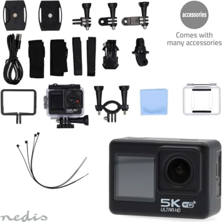 Nedis Action Cam - 5K@30fps - 16 MPixel - Wasserdicht bis: 30.00 m - 80 min - Wi-Fi - App erhältlich für: Android/IOS - Inkl. Halterung - Schwarz - Dual-Screen-Action-Cam mit HD-5K Auflösung – Bild 2