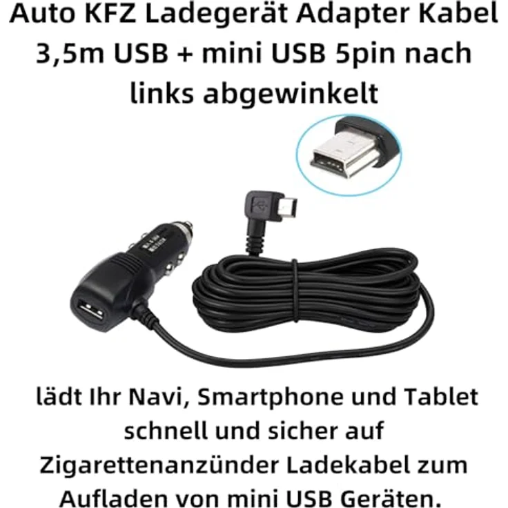 Bolwins G63C KFZ Auto Ladegerät Adapter Kabel 3,5 m – USB & Mini-USB 90° Links Winkelstecker – ideal für Mobiltelefone und Navigationsgeräte, schwarz – Bild 2