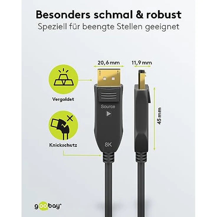 goobay 64866 Optisches DisplayPort Hybrid Verbindungskabel 2.0 (AOC) / 8K Ultra HD 4320p (60 Hz) / hybriden Glasfaser Kupferleiter/Vergoldet Kontaktflächen/DisplayPort auf DisplayPort / 10m, flexibel mit geringem Biegeradius – Bild 5