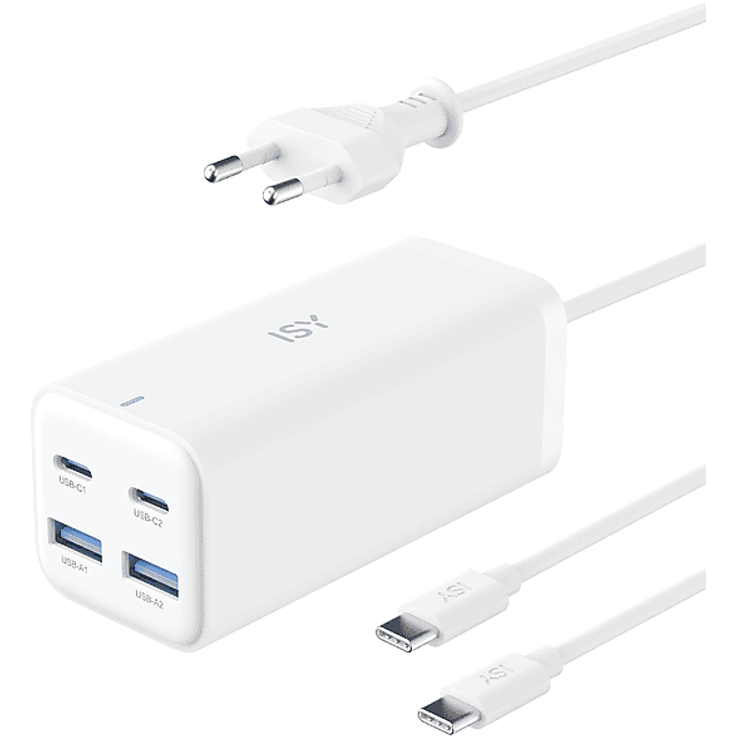 ISY IDC 2000, 100W GaN Ladegerät mit 2x USB-A und 2x USB-C, Weiß