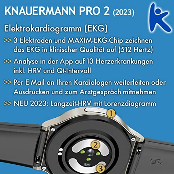 Knauermann PRO 2, schwarze Aluminium-Smartwatch mit EKG-Technik, präzisen Gesundheitsmessungen und 80 Ziffernblättern – Bild 2