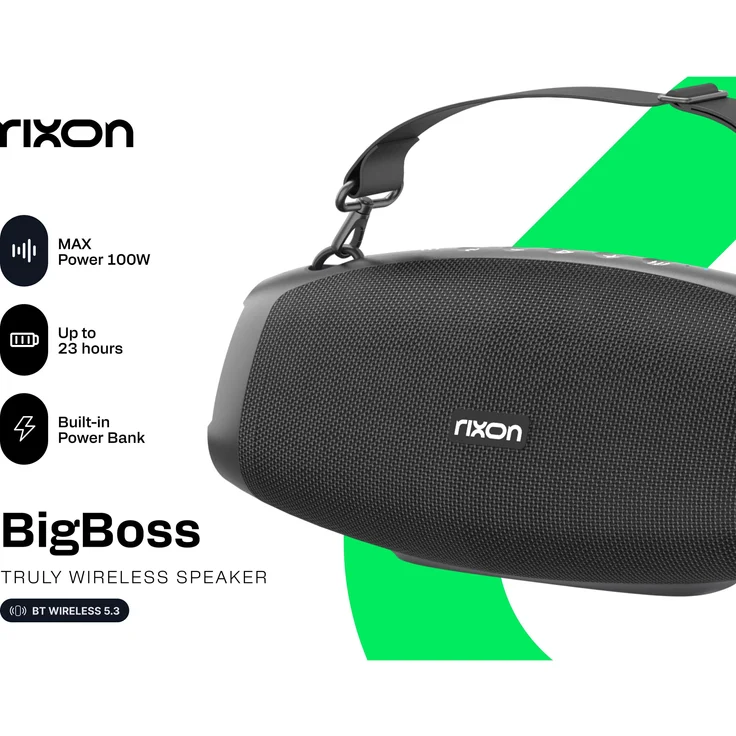 Rixon BigBoss Bluetooth Lautsprecher, 100W, schwarz, leistungsstarke Bluetooth-Stereo-Box