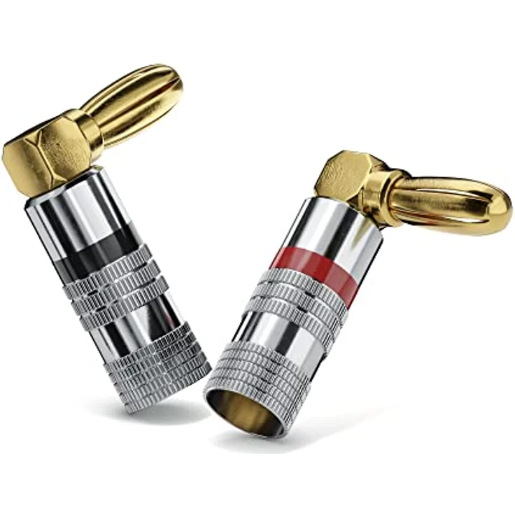 conecto Bananenstecker 4er-Set, 90° gewinkelter Stecker, für alle Lautsprecherkabel mit einem Durchmesser bis max. 6mm², 4 Stück mit Farbcodierung (2x rot, 2x schwarz), 24kt vergoldet – Bild 7