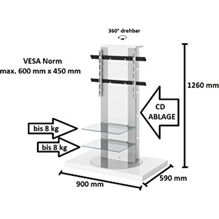 designimpex Fernsehtisch Roma H-777nw, Weiß Hochglanz, 360° drehbar für TV bis 65 Zoll, inkl. TV-Halterung – Bild 3