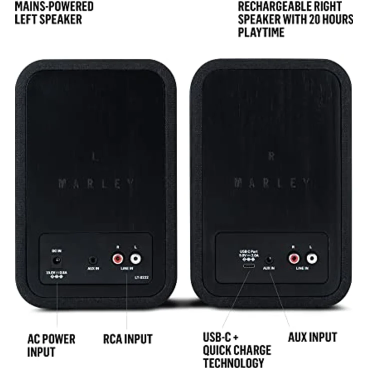 Marley House of Get Together Duo Regallautsprecher - Bluetooth Lautsprecher Stereo Paar mit AUX-Eingang, Holzlautsprecher für Plattenspieler, Handy, PC, Schwarz – Bild 3