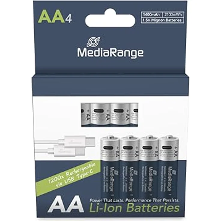 MediaRange wiederaufladbare USB-C Li-ION AA-Batterien, 1,5V, 1400mAh, 4er Pack mit 4-zu-1-Ladekabel – Bild 2