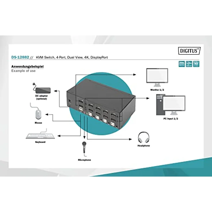 DIGITUS KVM-Switch DisplayPort – 4-Port Dual-Display – 4 PC 2 Monitore – 1x Maus, Tastatur & Audio für 4 Computer – UHD 4K@60Hz (3840 x 2160p) – Hot-Key Umschalter – 1x USB 2.0 Hub – Schwarz – Bild 5