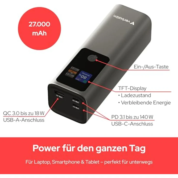 Verbatim Charge 'N' GO Power Bank 27000mAh, 187.5W, Grau – Bild 3
