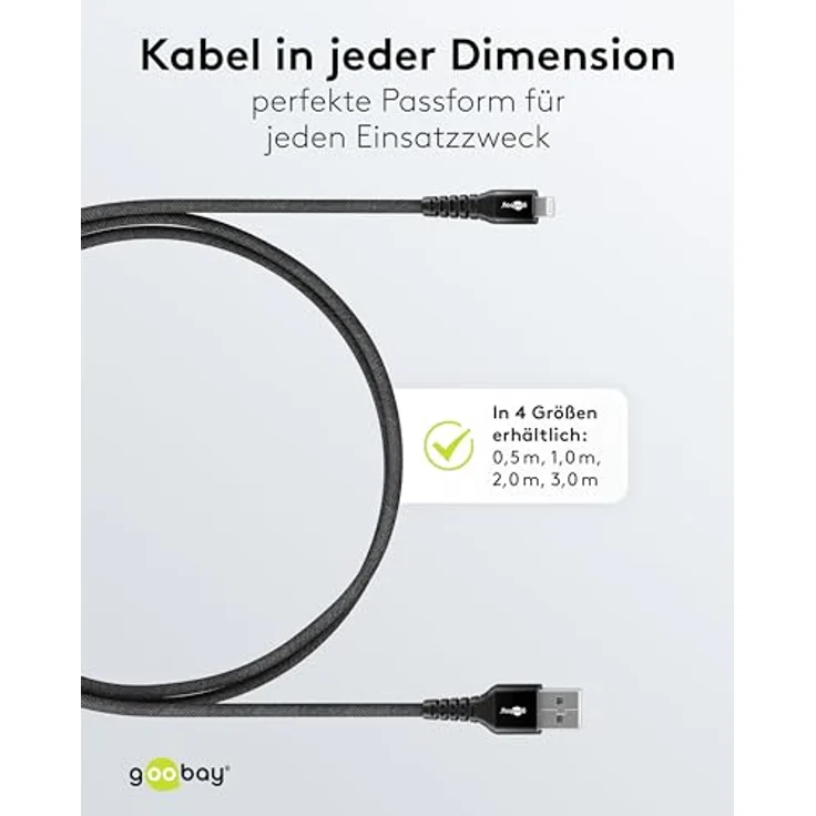 goobay Lightning auf USB-A 60W, 2m flexibles Textilkabel mit 480 Mbit/s, schnelles Laden für Apple Geräte, schwarz – Bild 5
