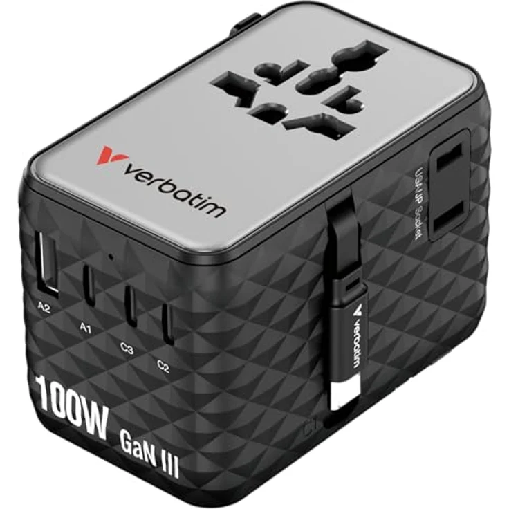 Verbatim Charge ’n’ Travel 100W Reiseadapter mit einziehbarem USB-C-Kabel, 7-in-1-Anschlüssen, kompakt und sicher, schwarz – Bild 3