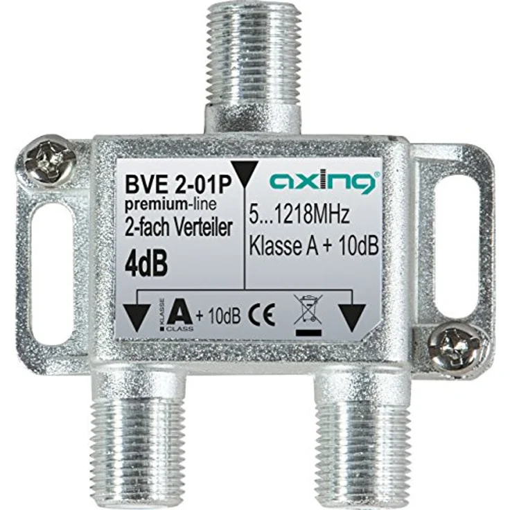 Axing BVE 2-01P 2-fach Verteiler Kabelfernsehen CATV Multimedia DVB-T2 Klasse A+, 10dB, 5-1218 MHz metall – Bild 2