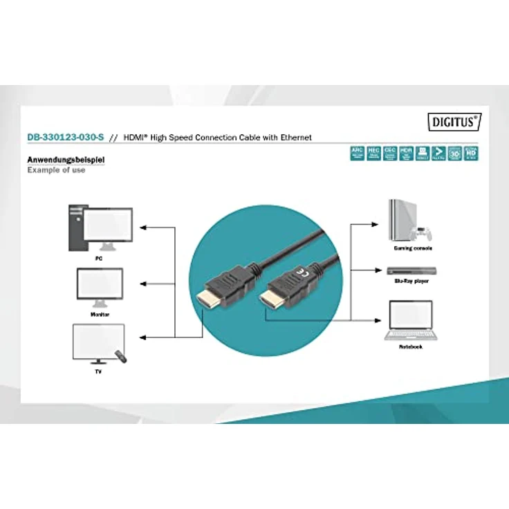 DIGITUS HDMI-Kabel 3-m - 60 Hz Ultra-HD 4K - Für Monitor-Anschluss & Fernseher DVB-T Receiver - High-Speed - Schwarz – Bild 4