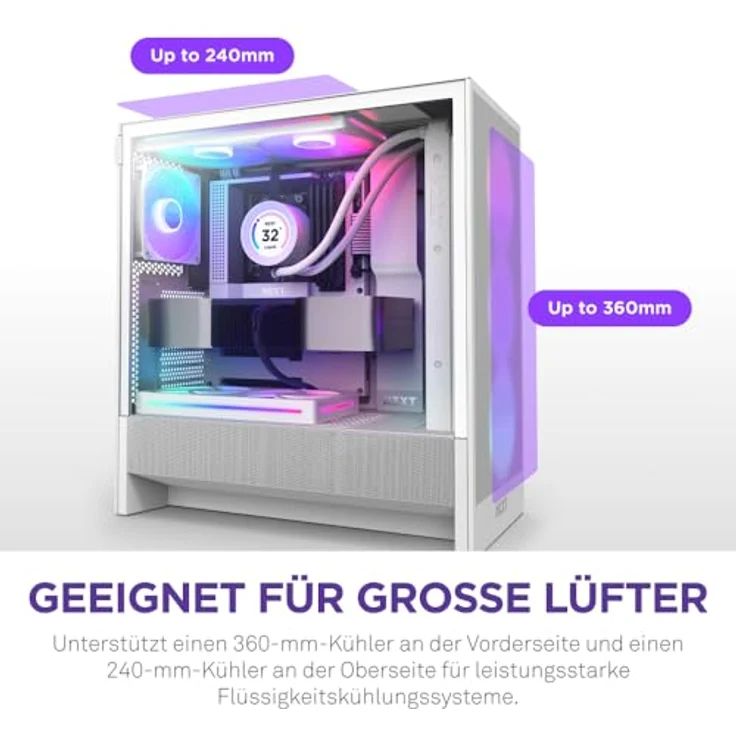 NZXT H5 Flow RGB 2024 ATX-Mid-Tower-PC-Gaming-Gehäuse - Hoher Luftstrom - F360 RGBCore-Lüfter - 360mm & 240mm Kühlerhalterung - Weiß – Bild 4