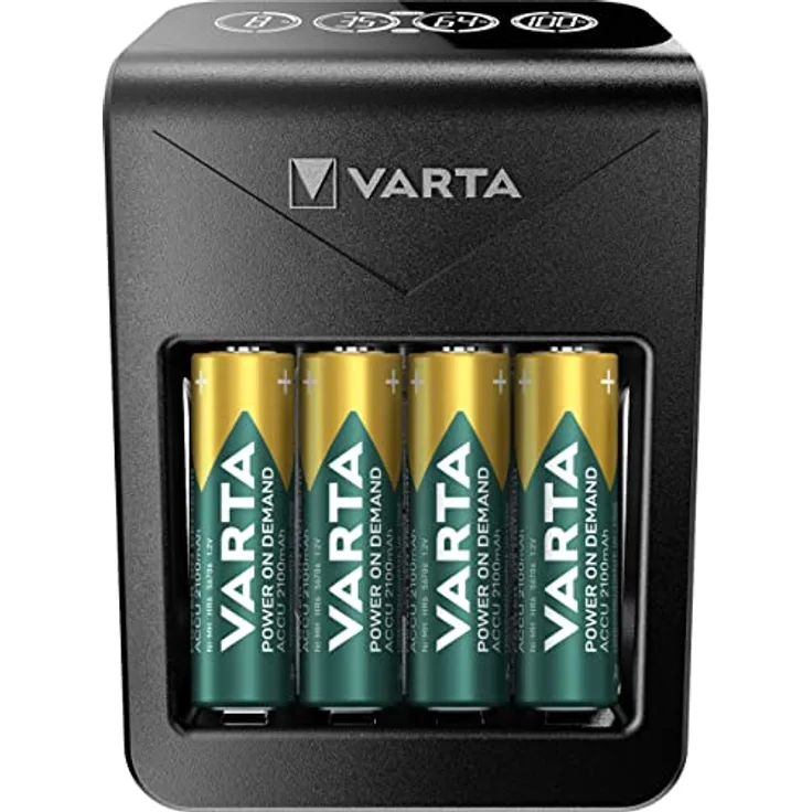 VARTA Akku Ladegerät inkl. 4X AA 2100mAh Akku, Batterieladegerät für AA/AAA/9V & USB Geräte, Power on Demand LCD Charger+, Einzelschachtladung 